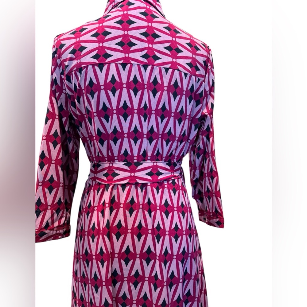 Pink Red Black Graphic Geometric Belted Midi Dress Shirt dress Size Large - Picture 6 of 6